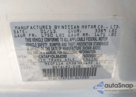 2013 Nissan Versa 1.6 Sv from USA, damaged, VIN 3N1CN7AP1DL864280